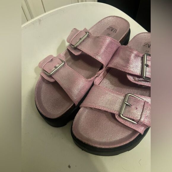 Zara Buckled Denim Slip On Open Toe Flat Sandals Pink Women's 39 /9 Out Of Stock - Picture 8 of 13